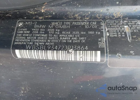 2002 BMW M3 из США, поврежденный, VIN WBSBL93472JR13864